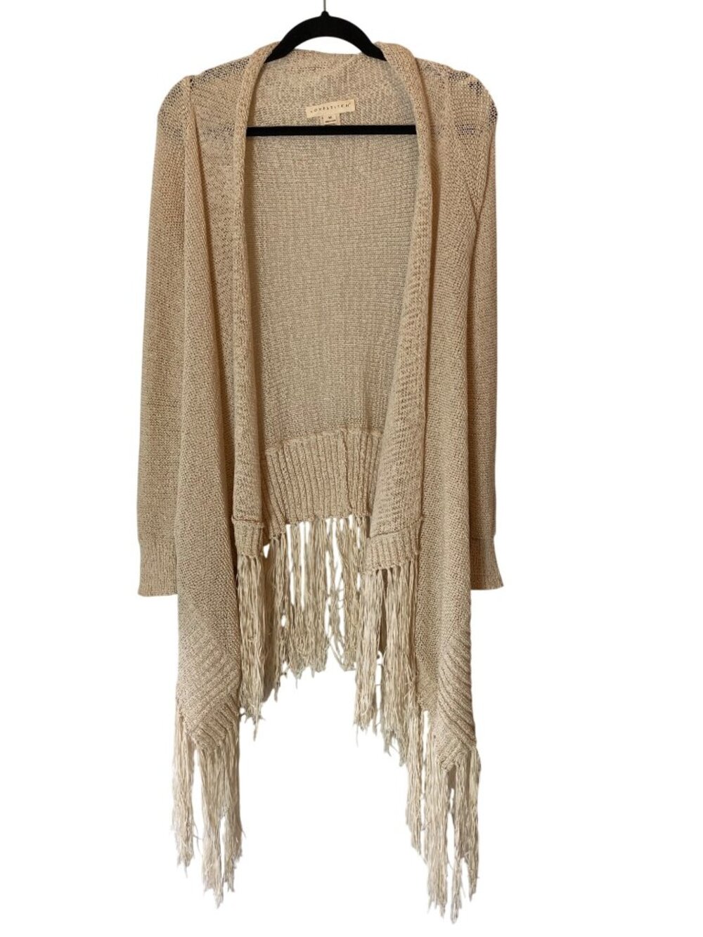 Lovestitch Open-Front Beige Cardigan Fringe Hem Medium Cotton Blend - Picture 2 of 11